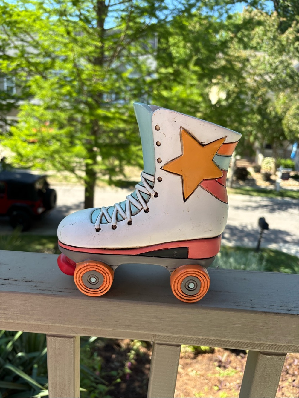 Retro White Roller Skate planter vase with Orange Star